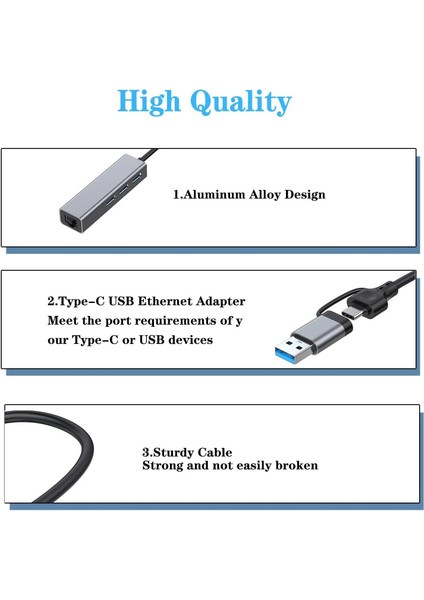 USB ve Type-C Hub 3.0 To RJ45 Ethernet 1000 Mbps Gigabit ve USB 3.0 Çoklayıcı Dönüştürücü 3 Port USB