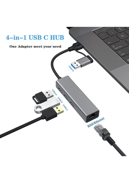 USB ve Type-C Hub 3.0 To RJ45 Ethernet 1000 Mbps Gigabit ve USB 3.0 Çoklayıcı Dönüştürücü 3 Port USB