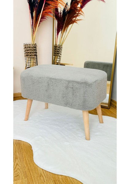 Ahşap Ayaklı Teddy Kumaş Dikdörtgen Dekoratif Puf Bench Gri