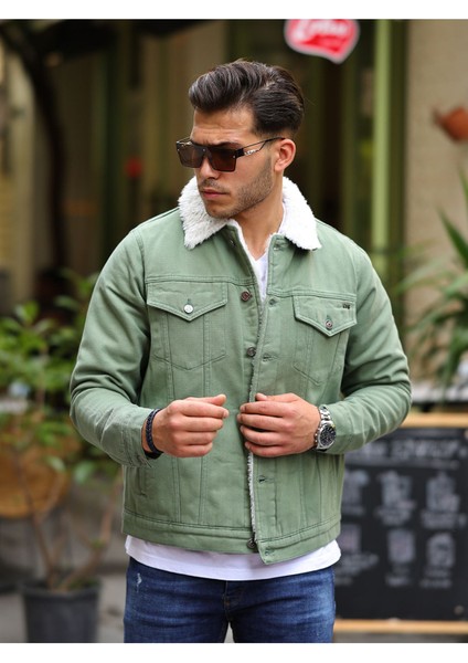 Erkek Içi Kürklü Kol Içi Kapitone Oversize Su Yeşili Kot Ceket