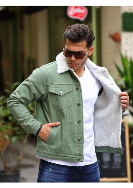 Erkek Içi Kürklü Kol Içi Kapitone Oversize Su Yeşili Kot Ceket