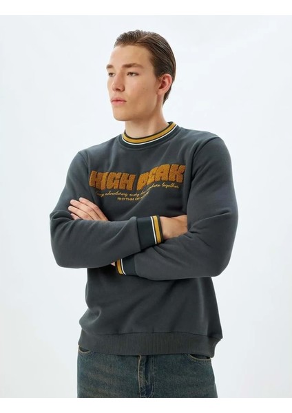 Bisiklet Yaka Sweatshirt Kolej Nakışlı - Koton - 5WAM70003MK - Haki - Xxl