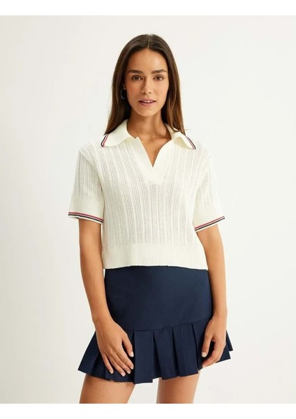 Polo Yaka Triko Kazak Kısa Kollu Dokulu - Koton - 5WAK90431HT - Ekru - S