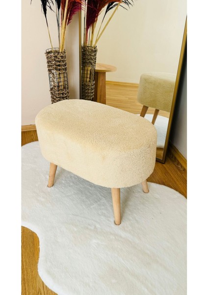 Oval Model Ahşap Ayaklı Teddy Kumaş Dekoratif Puf Bench