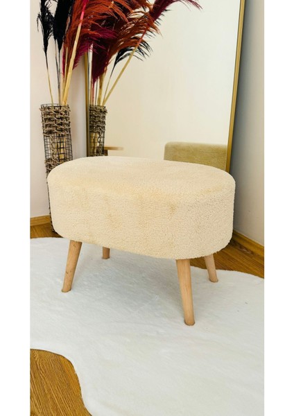 Oval Model Ahşap Ayaklı Teddy Kumaş Dekoratif Puf Bench
