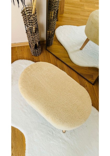 Oval Model Ahşap Ayaklı Teddy Kumaş Dekoratif Puf Bench