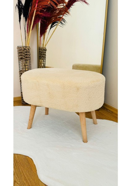 Oval Model Ahşap Ayaklı Teddy Kumaş Dekoratif Puf Bench