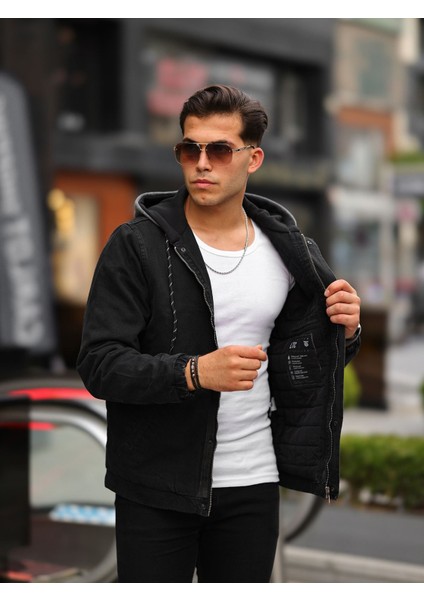 Erkek Kapüşonlu Oversize Içi Kapitoneli Siyah Kot Ceket (Kış)