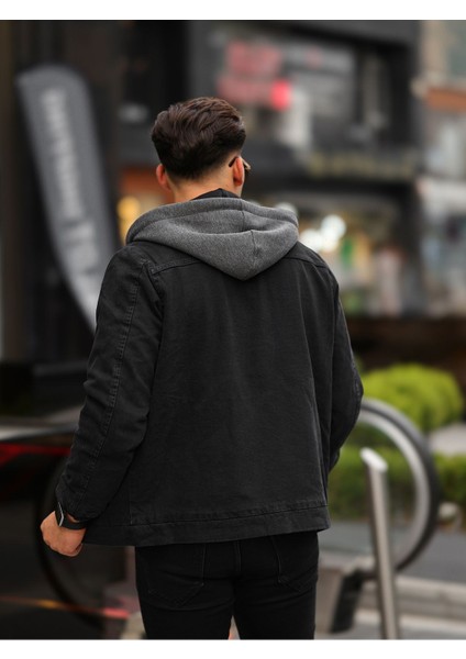Erkek Kapüşonlu Oversize Içi Kapitoneli Siyah Kot Ceket (Kış)