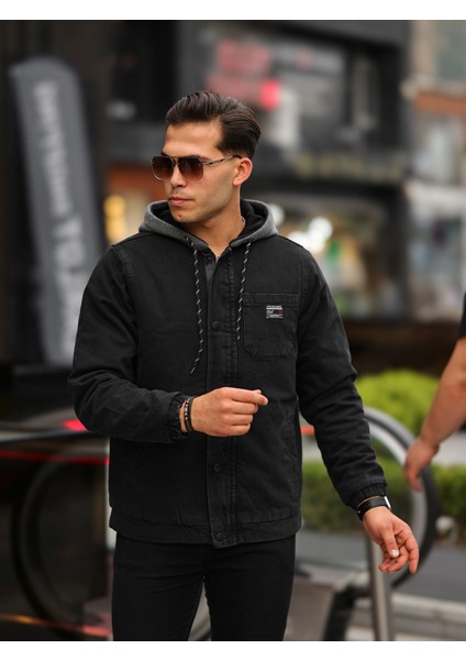 Erkek Kapüşonlu Oversize Içi Kapitoneli Siyah Kot Ceket (Kış)
