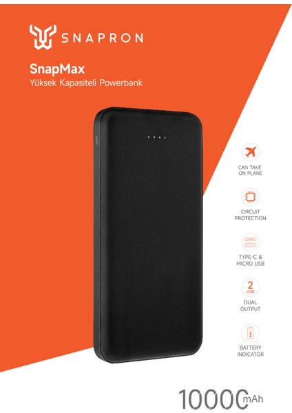 10.000 mAh Powerbank 2x USB Çıkışlı 1 Type-C ve 1 Micro Girişli SNP-3000-3001