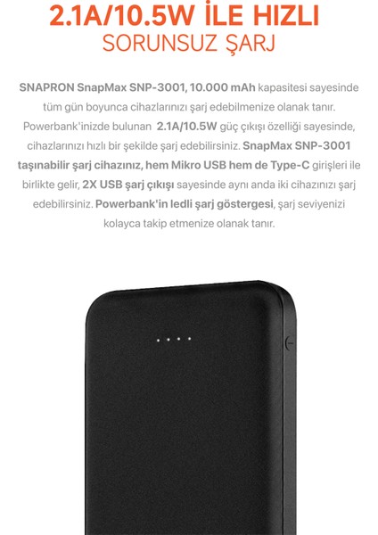 10.000 mAh Powerbank 2x USB Çıkışlı 1 Type-C ve 1 Micro Girişli SNP-3000-3001