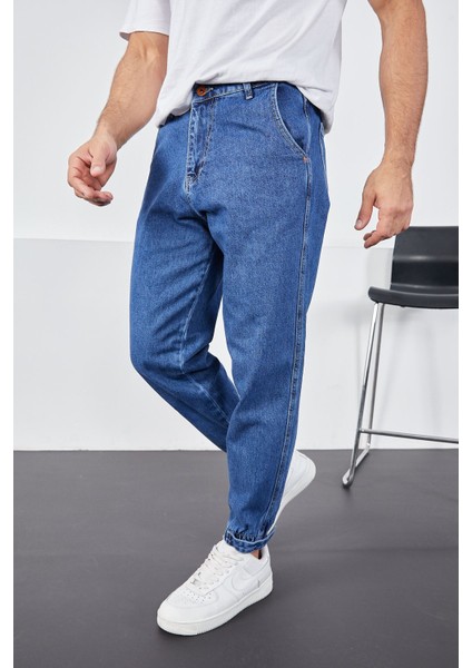 Erkek Koyu Mavi Baggy Fit Rahat Kalıp Paçası Lastikli ve Cırtlı Pantolon