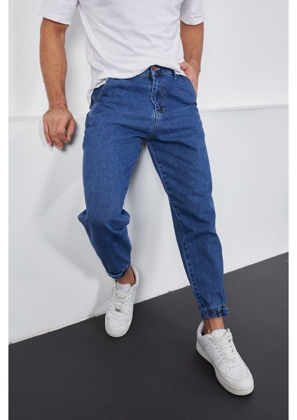 Erkek Koyu Mavi Baggy Fit Rahat Kalıp Paçası Lastikli ve Cırtlı Pantolon fırsatları