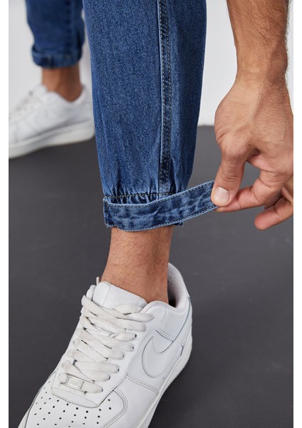 Erkek Koyu Mavi Baggy Fit Rahat Kalıp Paçası Lastikli ve Cırtlı Pantolon indirimleri