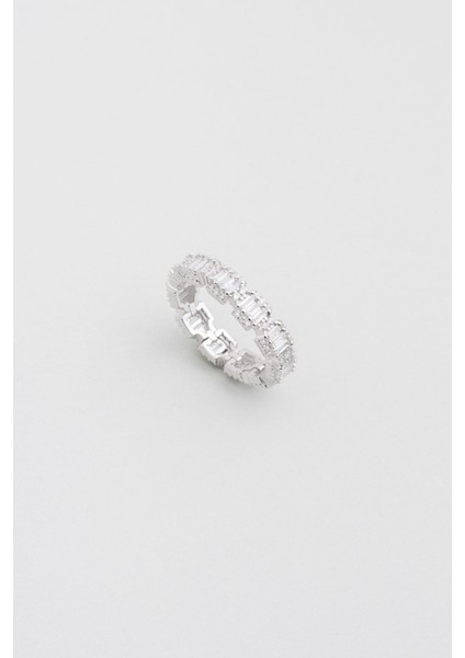 Baget Taşlı 18 Ayar Beyaz Altın Kaplama Gümüş Tamtur Yüzük