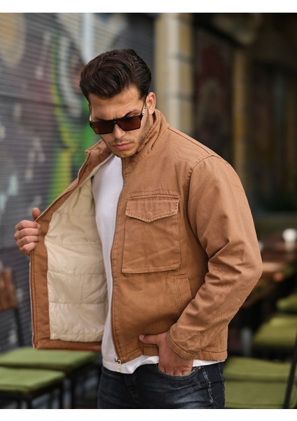 Erkek Taba Içi Hafif Kapitone Oversize Kot Ceket