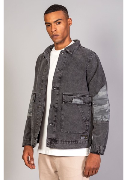 Erkek Kamuflaj Detaylı Oversize Antrasit Kot Ceket