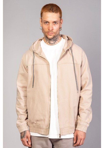 Erkek Kapüşonlu Oversize Marsıan Bej Kot Ceket