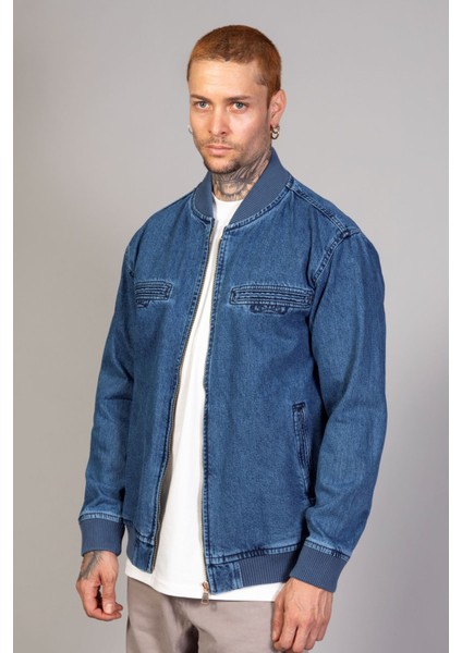 Erkek Fermuarlı Mavi Oversize Motorcu Kot Ceket