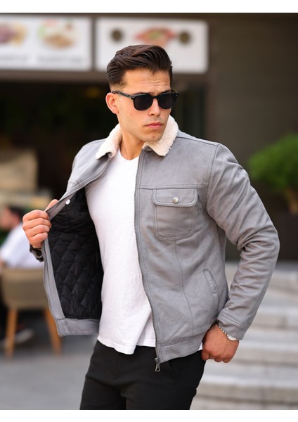 Fermuarlı Süet Kürklü Gri Erkek Ceket