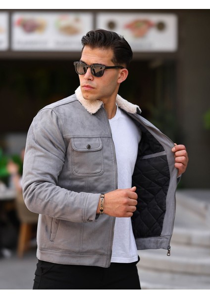 Fermuarlı Süet Kürklü Gri Erkek Ceket modelleri