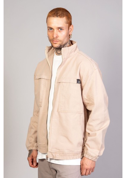 Oversize Bej Yıkamalı Modelli Erkek Fermuarlı Bomber Kot Ceket