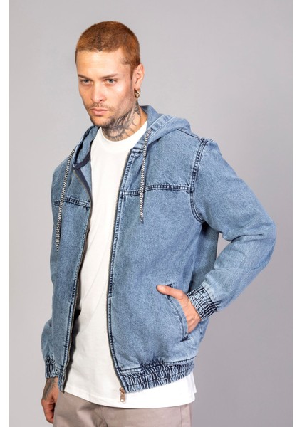 Erkek Kapüşonlu Oversize Marsıan Mavi Kar Yıkama Kot Ceket fiyatları