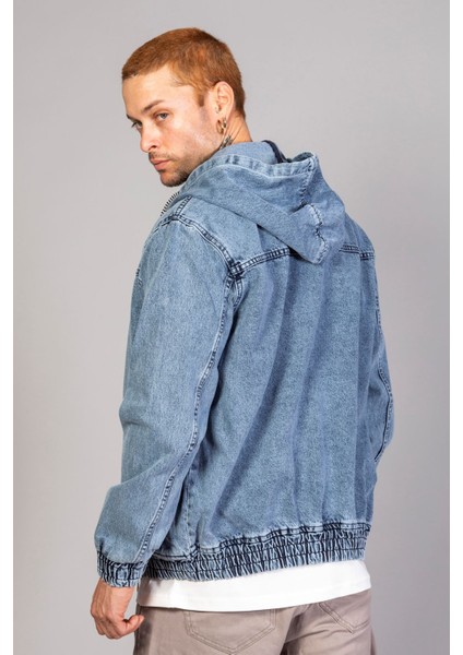 Erkek Kapüşonlu Oversize Marsıan Mavi Kar Yıkama Kot Ceket modelleri