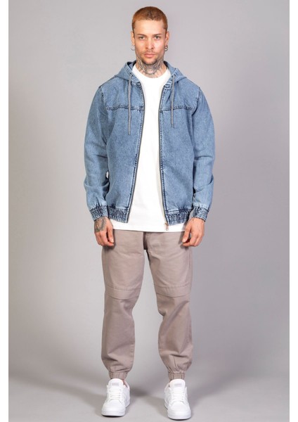 Erkek Kapüşonlu Oversize Marsıan Mavi Kar Yıkama Kot Ceket indirimleri