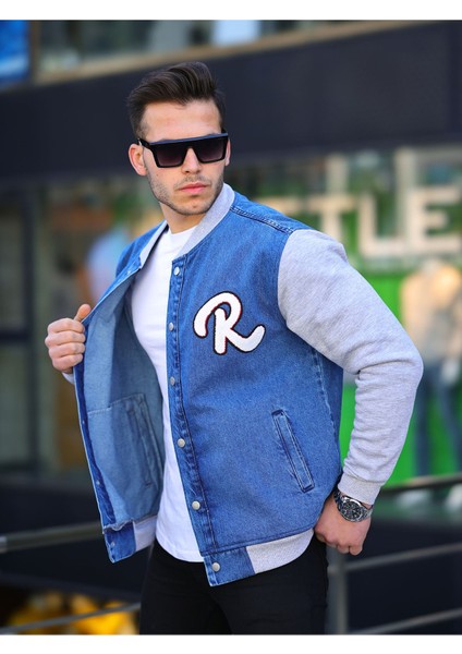 Erkek Çıtçıtlı Mavi Oversize Spor Kot Ceket