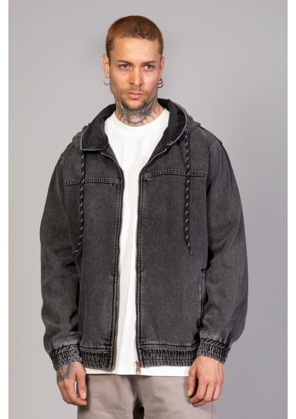 Erkek Kapüşonlu Oversize Marsıan Antrasit Kot Ceket