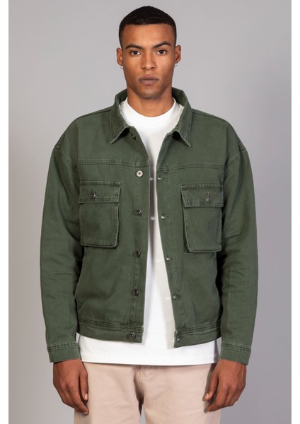 Erkek Haki Körüklü Cep Oversize Kot Ceket