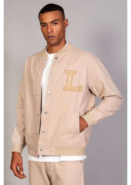 Bej Erkek Çıtçıtlı Oversize Ribana Detay Kot Ceket