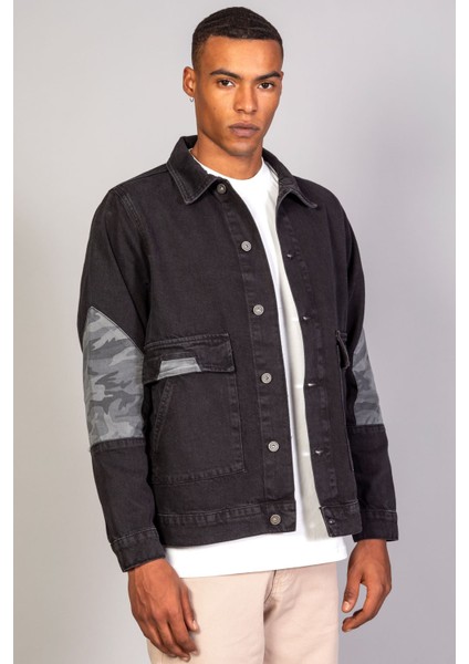 Erkek Kamuflaj Detaylı Oversize Siyah Kot Ceket