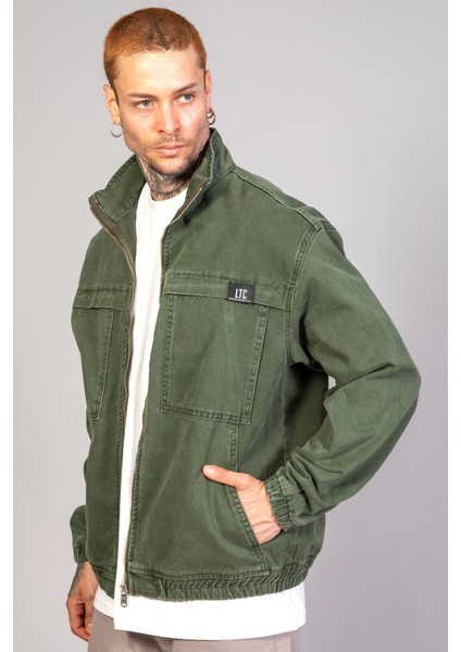 Oversize Haki Yıkamalı Modelli Erkek Fermuarlı Bomber Kot Ceket
