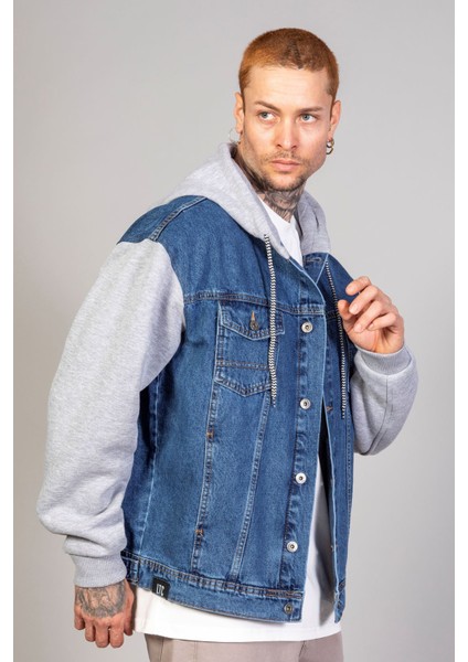 Erkek Oversize Mavi Kollar Polar Kapüşonlu Kot Ceket