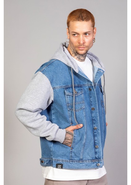 Erkek Oversize Buz Mavisi Kollar Polar Kapüşonlu Kot Ceket