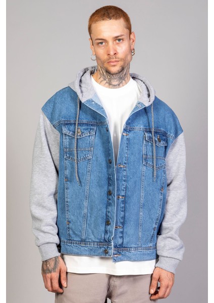 Erkek Oversize Buz Mavisi Kollar Polar Kapüşonlu Kot Ceket fiyatları