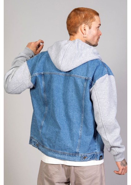 Erkek Oversize Buz Mavisi Kollar Polar Kapüşonlu Kot Ceket modelleri