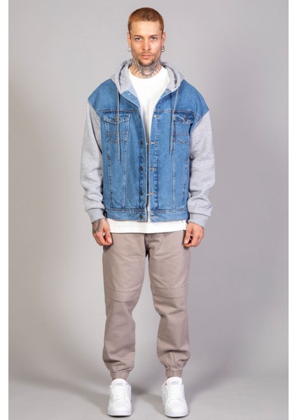 Erkek Oversize Buz Mavisi Kollar Polar Kapüşonlu Kot Ceket fırsatları