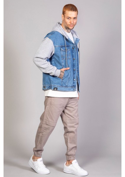 Erkek Oversize Buz Mavisi Kollar Polar Kapüşonlu Kot Ceket indirimleri