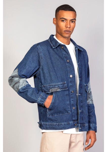 Erkek Kamuflaj Detaylı Oversize Koyu Mavi Kot Ceket