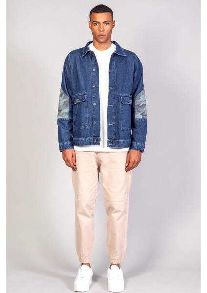 Erkek Kamuflaj Detaylı Oversize Koyu Mavi Kot Ceket modelleri