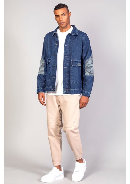 Erkek Kamuflaj Detaylı Oversize Koyu Mavi Kot Ceket fırsatları