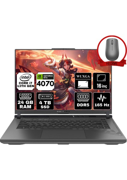 Rog Strıx G16 Intel Core I7-13650HX 24GB 4tb SSD RTX4070/8GB 16" Wuxga 165Hz W11P Taşınabilir Bilgisayar G614JI-N3188-A76 & Anzar Mouse