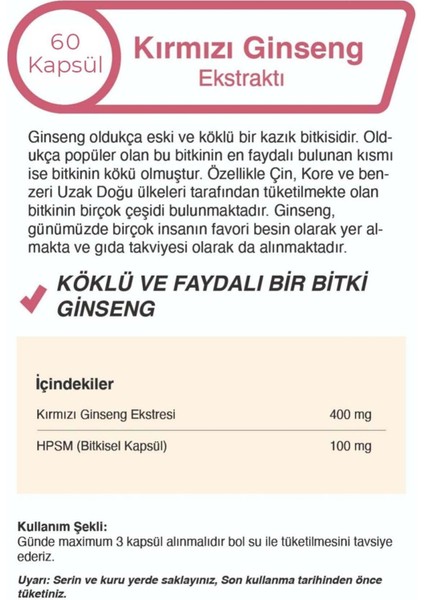 Panax Ginseng Ekstraktı 60 Kapsül