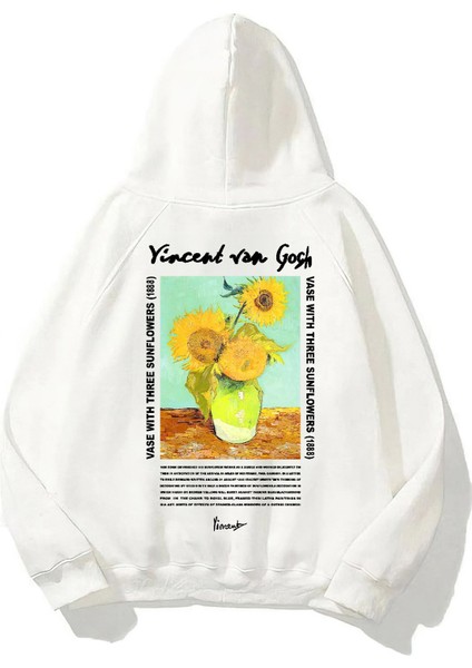 The Champ Clothing Kapüşonlu Içi Polar Vincent Van Gogh Baskılı Beyaz  Hoodie Sweatshirt