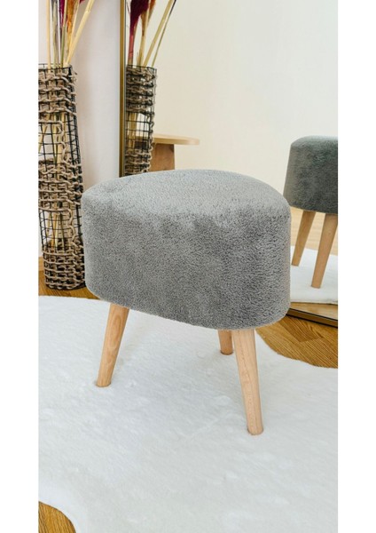 Asimetrik Kesim Ahşap Ayaklı Teddy Kumaş Dekoratif Puf Bench