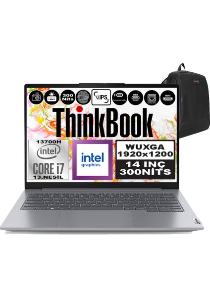 Thinkbook 14 G6 Irl Intel Core I7 13700H 96GB Ddr5 1tb SSD 14" Wuxga 300NITS IPS Windows 11 Pro Taşınabilir Bilgisayar 21KG004NTRP32 + Zetta Çanta